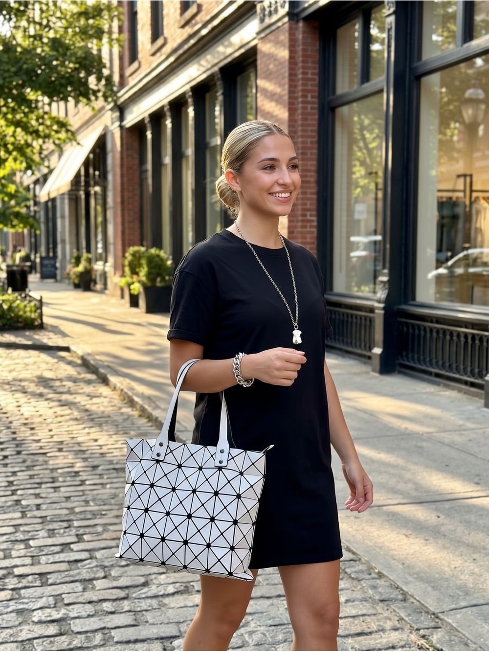 Geometric Prism Tote Bag White & Black | Structured Shoulder Tote